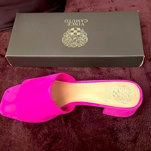 Pink “Fireball” lux suede sandal.